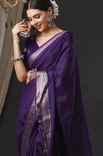 Purple ethnic motifs zari silk blend banarasi saree
