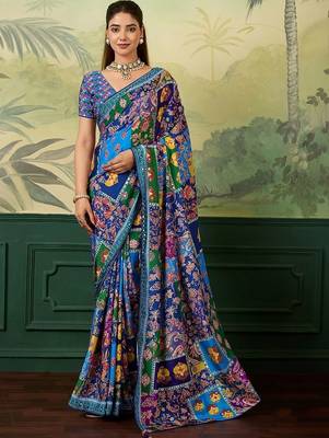 Blue paisley mirror work silk blend designer saree 1