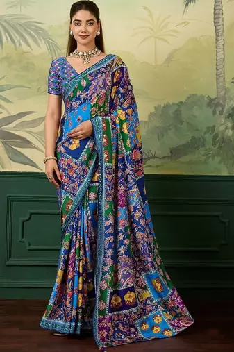 Blue paisley mirror work silk blend designer saree