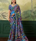 Blue paisley mirror work silk blend designer saree