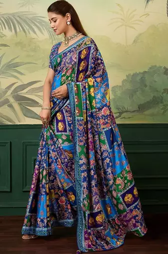 Blue paisley mirror work silk blend designer saree