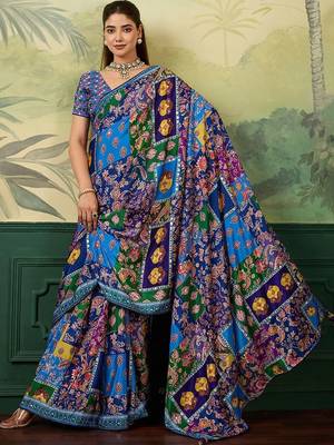 Blue paisley mirror work silk blend designer saree 3