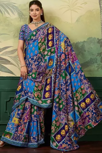 Blue paisley mirror work silk blend designer saree