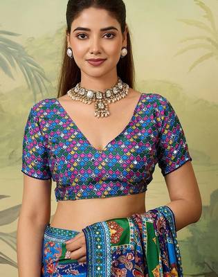 Blue paisley mirror work silk blend designer saree 5