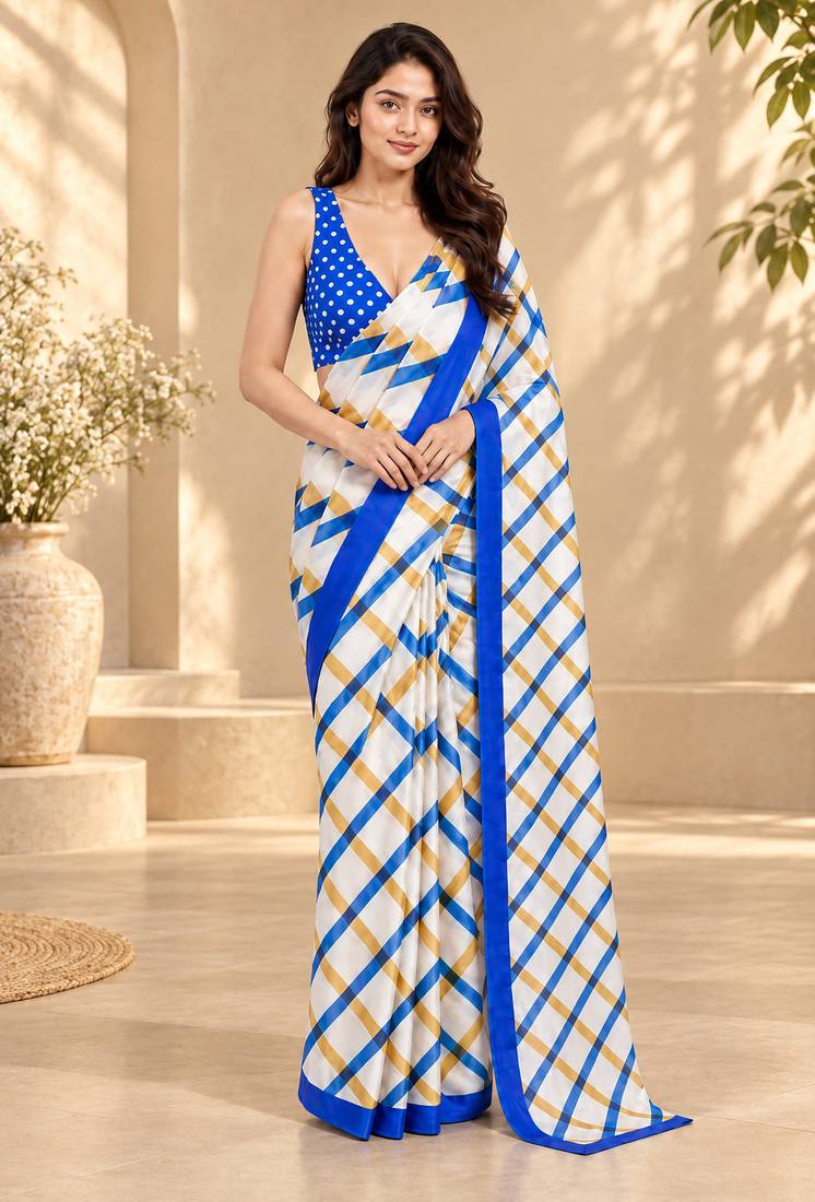 Checked satin ready to wear saree