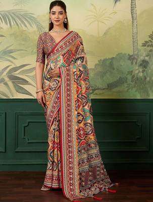 Multicolor ethnic motifs mirror work silk blend designer saree 1