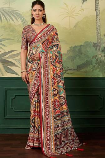 Multicolor ethnic motifs mirror work silk blend designer saree