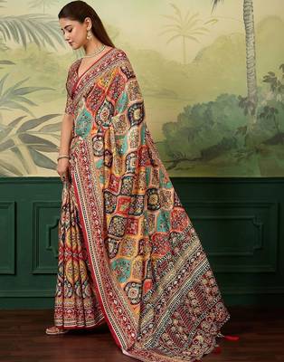 Multicolor ethnic motifs mirror work silk blend designer saree 2