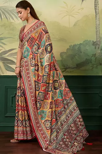 Multicolor ethnic motifs mirror work silk blend designer saree