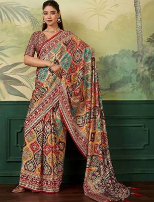 Multicolor ethnic motifs mirror work silk blend designer saree 3