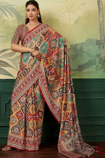 Multicolor ethnic motifs mirror work silk blend designer saree
