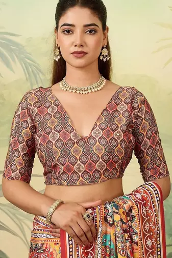 Multicolor ethnic motifs mirror work silk blend designer saree
