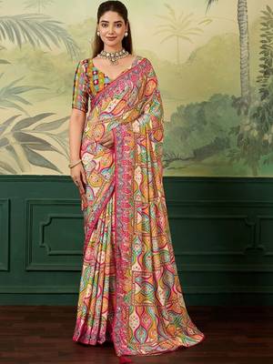 Multicolor floral mirror work silk blend designer saree 1