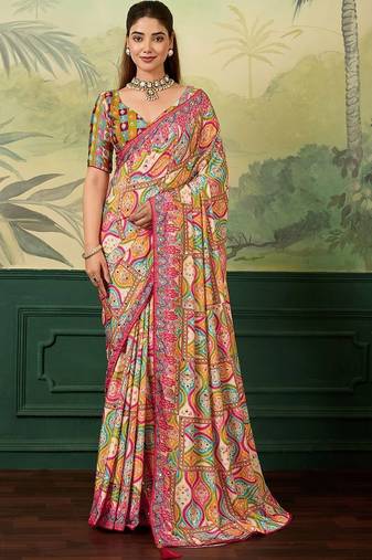 Multicolor floral mirror work silk blend designer saree