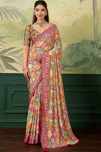 Multicolor floral mirror work silk blend designer saree