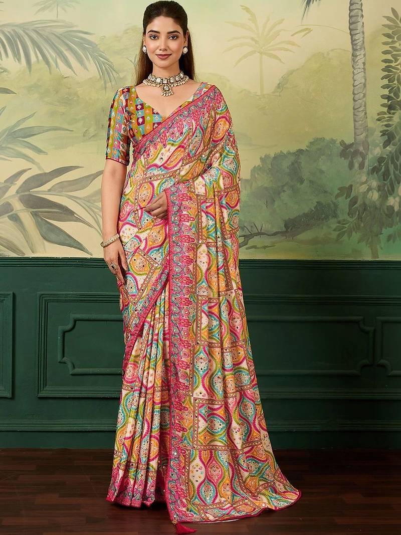 Multicolor floral mirror work silk blend designer saree