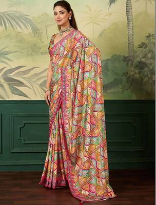 Multicolor floral mirror work silk blend designer saree 2