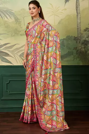 Multicolor floral mirror work silk blend designer saree