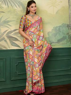 Multicolor floral mirror work silk blend designer saree 3