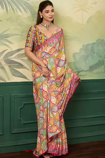 Multicolor floral mirror work silk blend designer saree