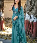 Teal embellished sequinned silk blend heavy work saree