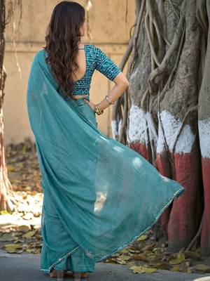 Teal embellished sequinned silk blend heavy work saree 2
