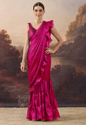 Magenta solid satin ruffle ready to wear saree with ruffles 1