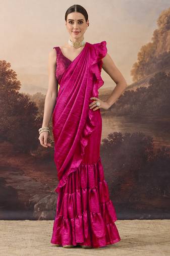 Magenta solid satin ruffle ready to wear saree with ruffles