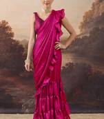 Magenta solid satin ruffle ready to wear saree with ruffles