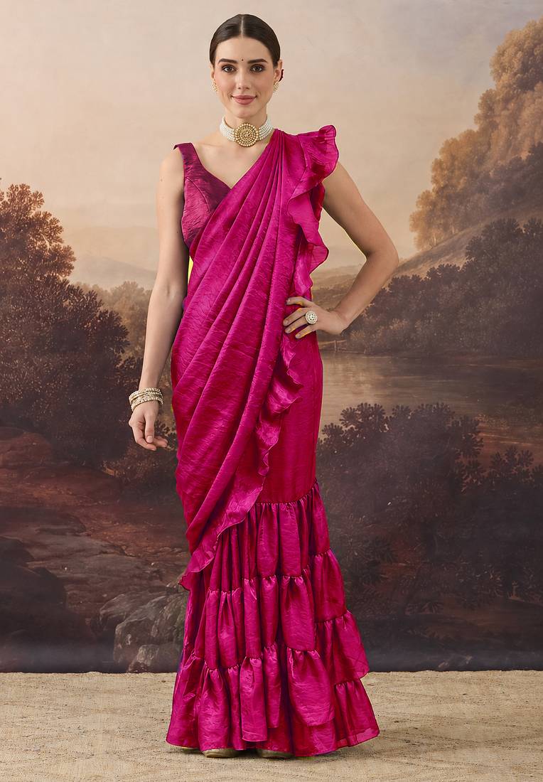 Magenta solid satin ruffle ready to wear saree with ruffles