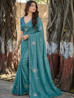 Teal embellished sequinned silk blend heavy work saree 3