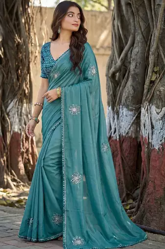 Teal embellished sequinned silk blend heavy work saree