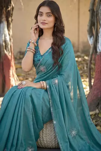 Teal embellished sequinned silk blend heavy work saree