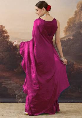 Magenta solid satin ruffle ready to wear saree with ruffles 2