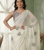 White floral sequinned poly chiffon designer saree