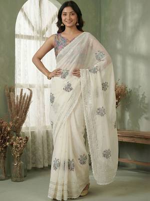 White floral sequinned poly chiffon designer saree 2