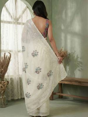 White floral sequinned poly chiffon designer saree 3