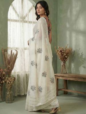 White floral sequinned poly chiffon designer saree 5