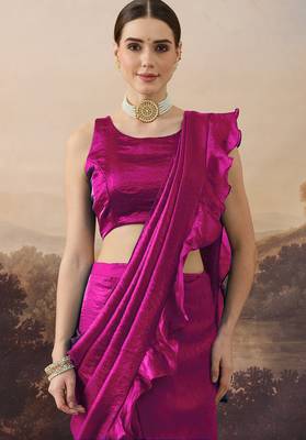 Magenta solid satin ruffle ready to wear saree with ruffles 4