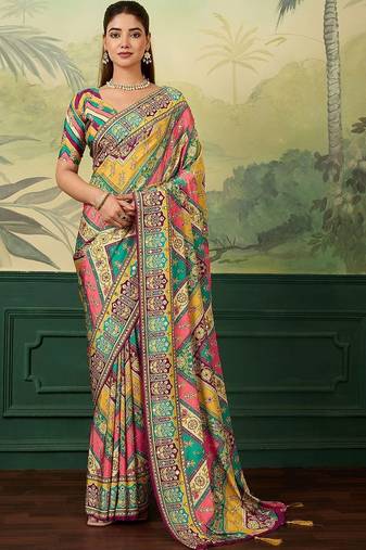 Multicolor ethnic motifs mirror work silk blend designer saree