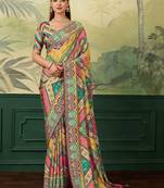 Multicolor ethnic motifs mirror work silk blend designer saree
