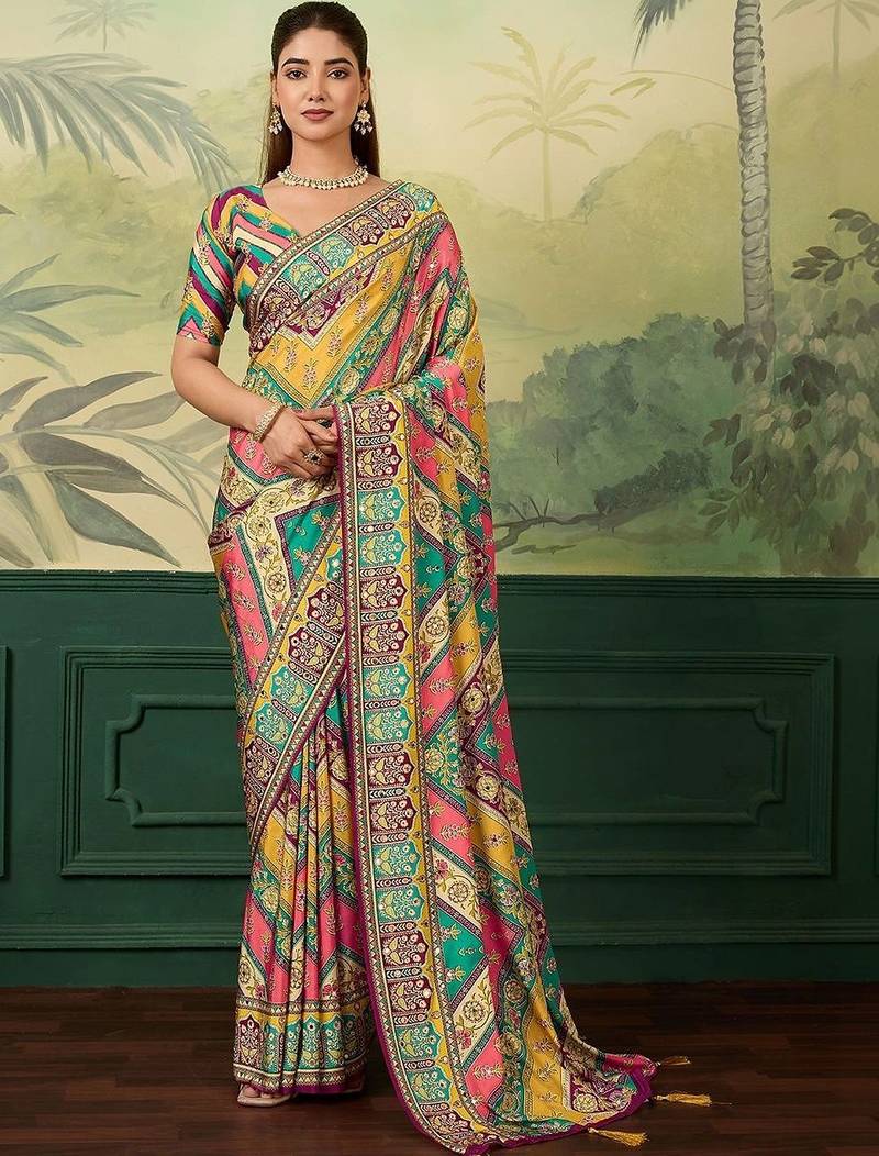 Multicolor ethnic motifs mirror work silk blend designer saree