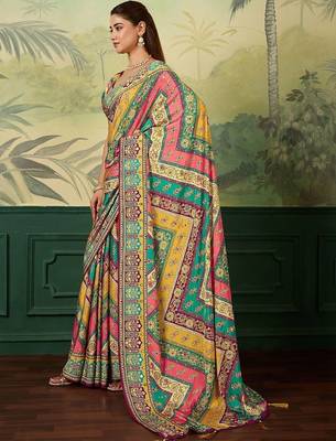Multicolor ethnic motifs mirror work silk blend designer saree 2