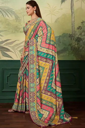 Multicolor ethnic motifs mirror work silk blend designer saree