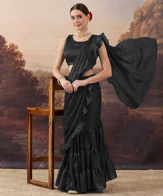 Black solid satin ruffle ready to wear saree with ruffles 1
