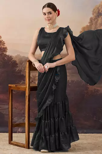 Black solid satin ruffle ready to wear saree with ruffles