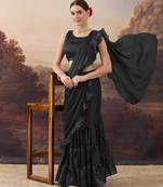 Black solid satin ruffle ready to wear saree with ruffles
