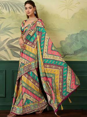 Multicolor ethnic motifs mirror work silk blend designer saree 3