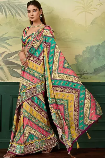 Multicolor ethnic motifs mirror work silk blend designer saree
