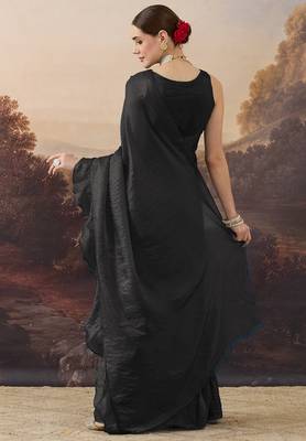 Black solid satin ruffle ready to wear saree with ruffles 2